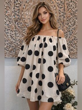 Fore Cream & Black Polka Dot Balloon Sleeves Mini Dress